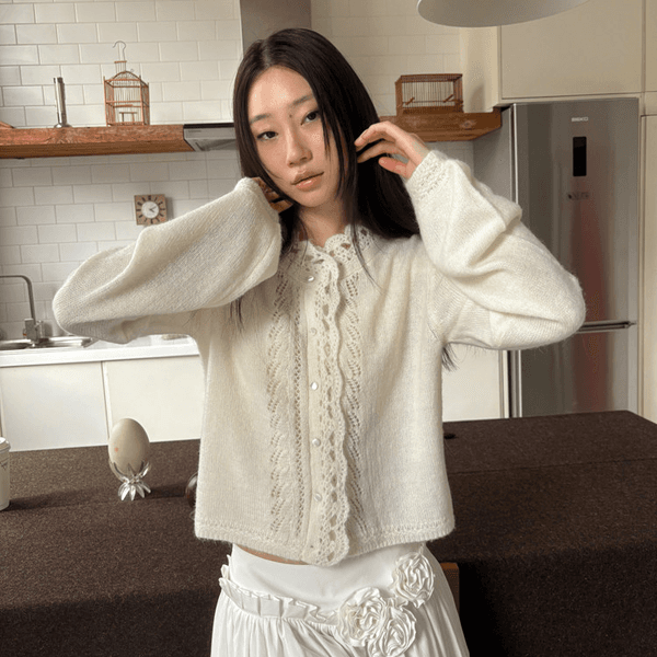 Soft French Knit Short Floral Sleeve Sweater Cardigan