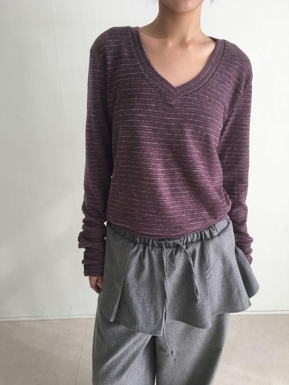 샵오르 (15% Flash sale) 벨벳 스트라이프 버튼 티셔츠 (3colors)