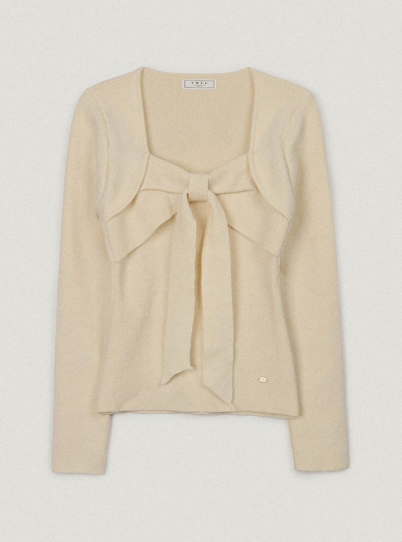 트위 콘트 리본 볼레로 긴팔 니트