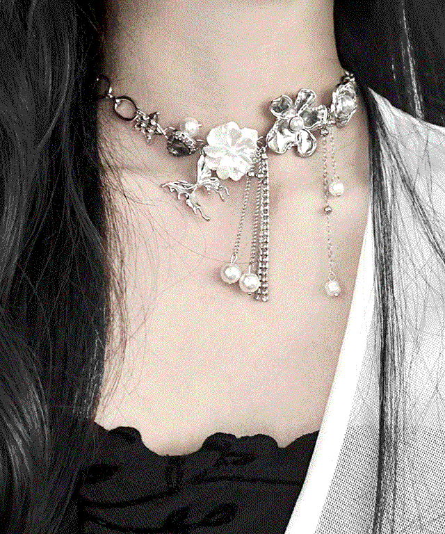 아담드리 Romantic Flower 로맨틱 플라워 실버 스타 별 장미 나비 체인 초커 목걸이