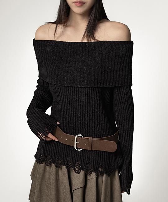 누아뮤트 [MADE] 데프초 데미지 골지 오프숄더 긴팔 니트 (벨트SET) DAMAGED RIBBED OFF-SHOULDER LONG SLEEVE KNIT (BELT SET)