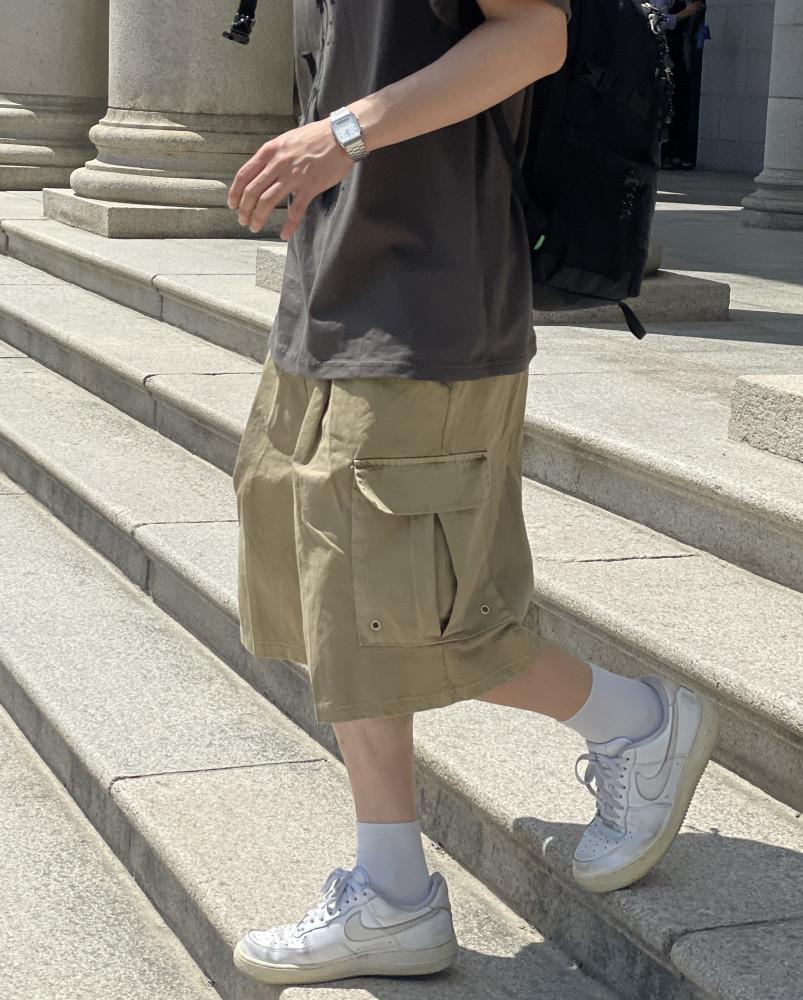 남자 썸머 밴딩 피그다잉 카고 리벳 하프팬츠