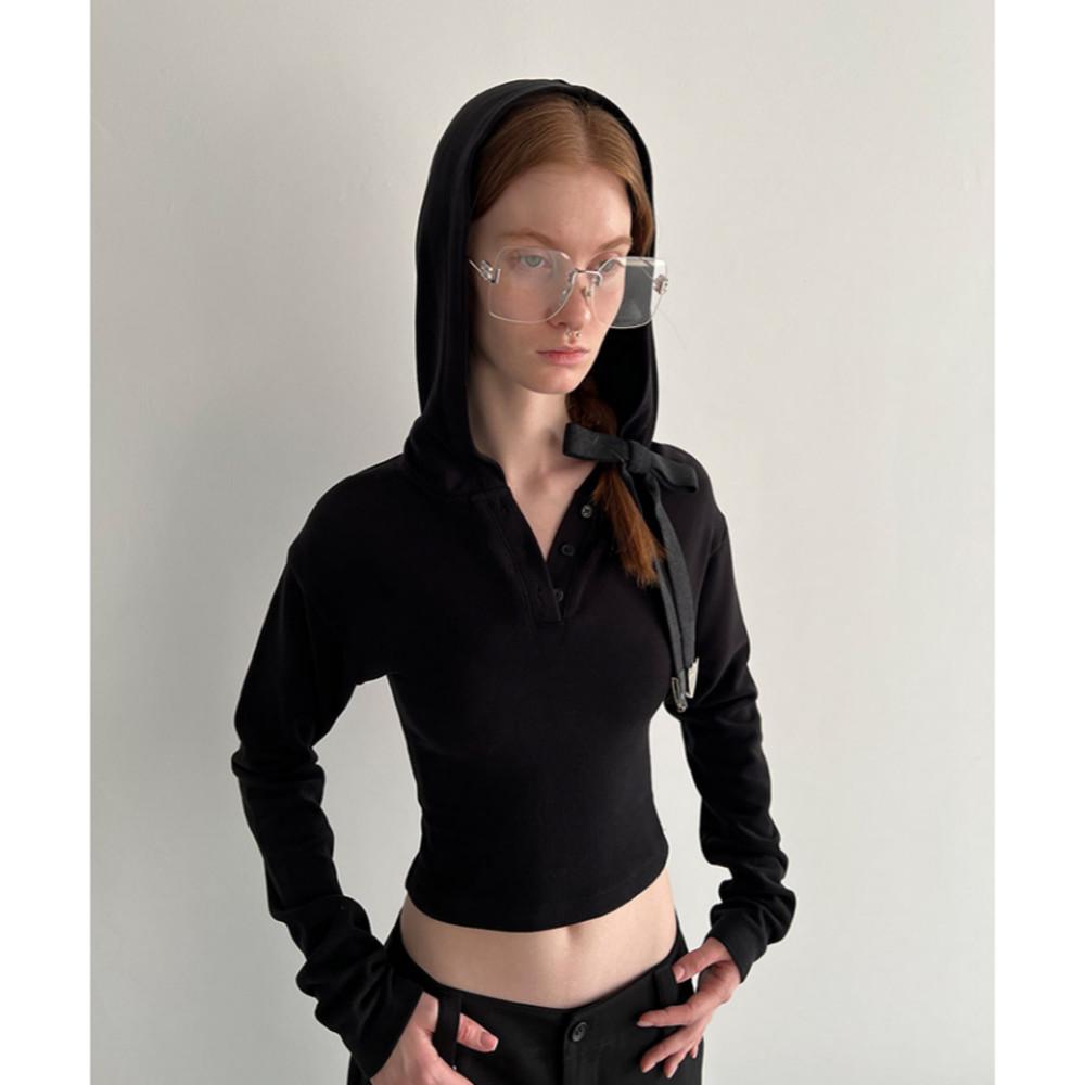 Rockrio Rarelicold 베이직 크롭 후드티 텐셀 슬림핏 긴팔 레이어드 티셔츠