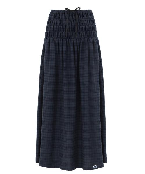 스모크 셔링 체크 리본 로우라이즈 맥시 스커트_네이비