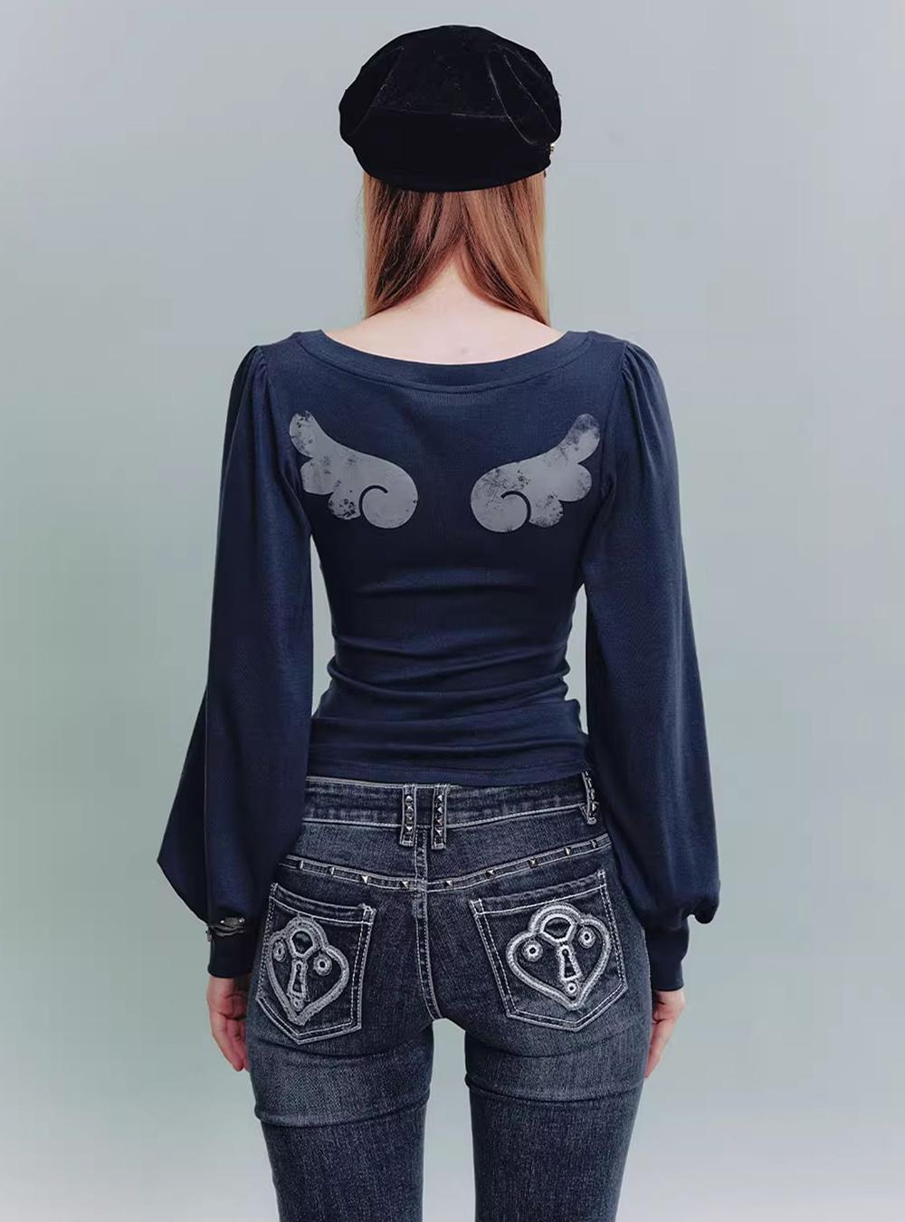 Wing Print Puff Sleeve Top (2color)