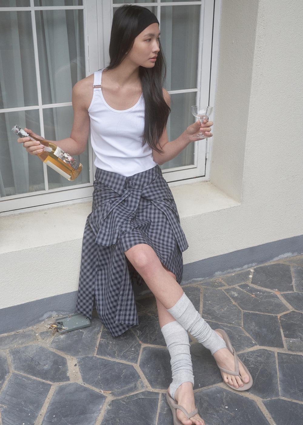 UNBALANCE CHECK SHIRT SKIRT TOP_NAVY