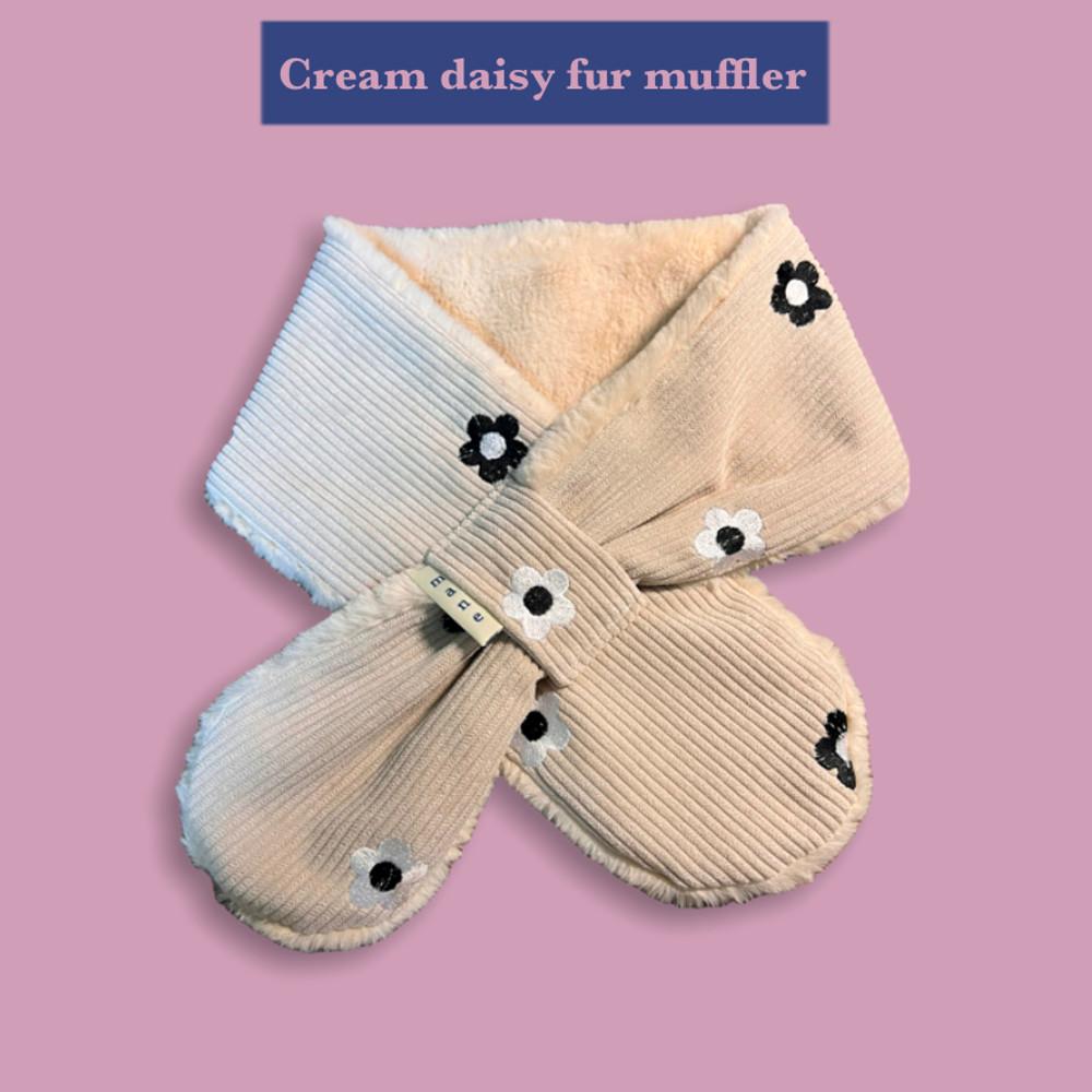 크림 데이지 퍼 머플러 / 핸드메이드 목도리, 털 목도리, 코듀로이 머플러 / 마이네이비