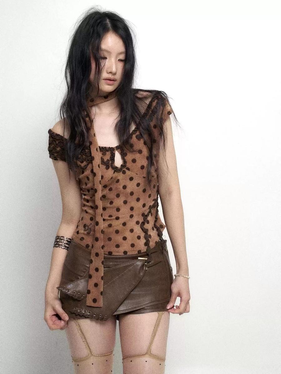 Flowers birds Market Dot Velvet Camisole - BROWN