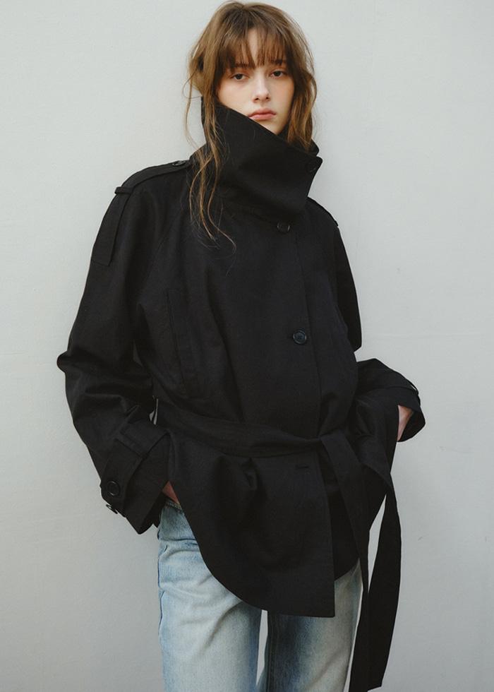 Linen Blend High-neck Half Trench Coat_CTO152(Black)