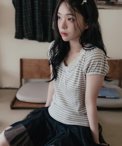 레이스 스트라이프 숏슬리브_메란지그레이