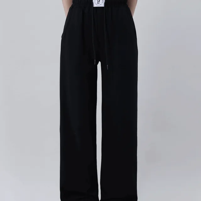 오버앤 라벨 패치 밴딩 와이드 팬츠