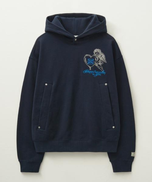 엔젤 크로스 스티치 기모 후드 티셔츠 네이비