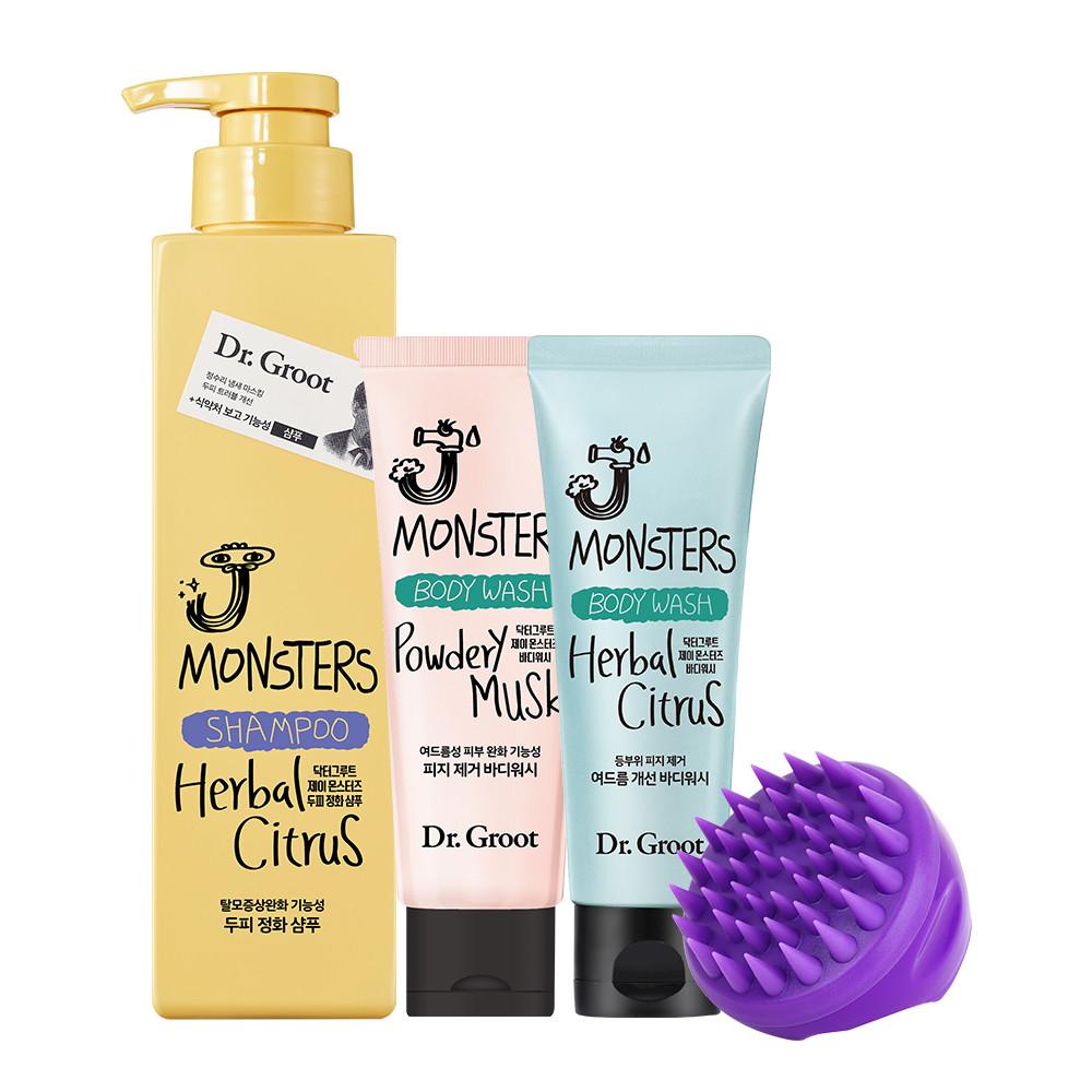 닥터그루트 제이몬스터즈 샴푸 400g(시트러스/머스크 택1) + 시트러스 바디워시 75ml + 머스크 바디워시 75ml+두피브러쉬