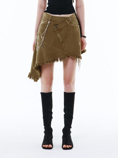 ASYMMETRIC CUT-OFF COTTON SKIRT BROWN