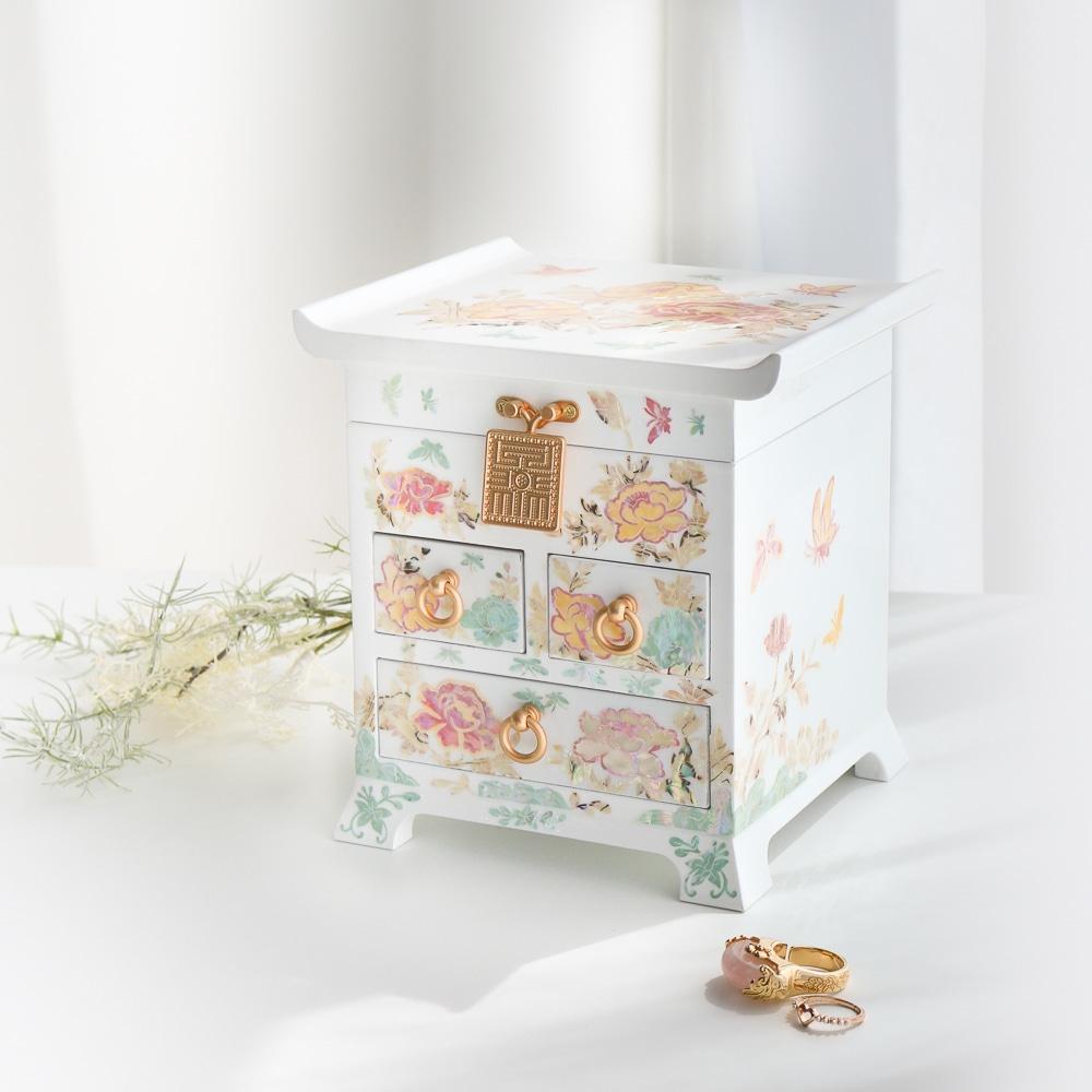 나전칠기 화이트 채색목단꽃 3단설합 자개보석함 자개함 악세사리보관함 외국인선물 자개공예품