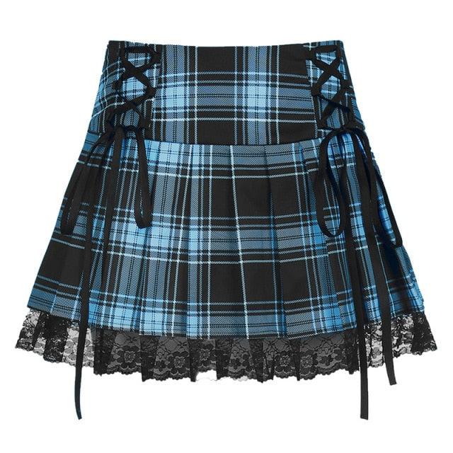 Harajuku Kawaii Fashion Y2K Corset Lacing Plaid Lace Mini Skirt - Blue / L