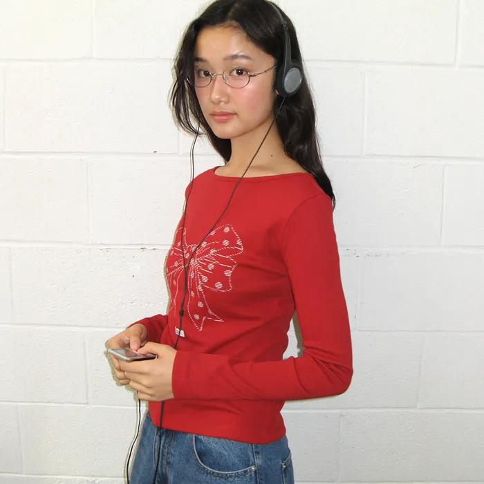 DOT RIBBON SLIM FIT LONG SLEEVE RED