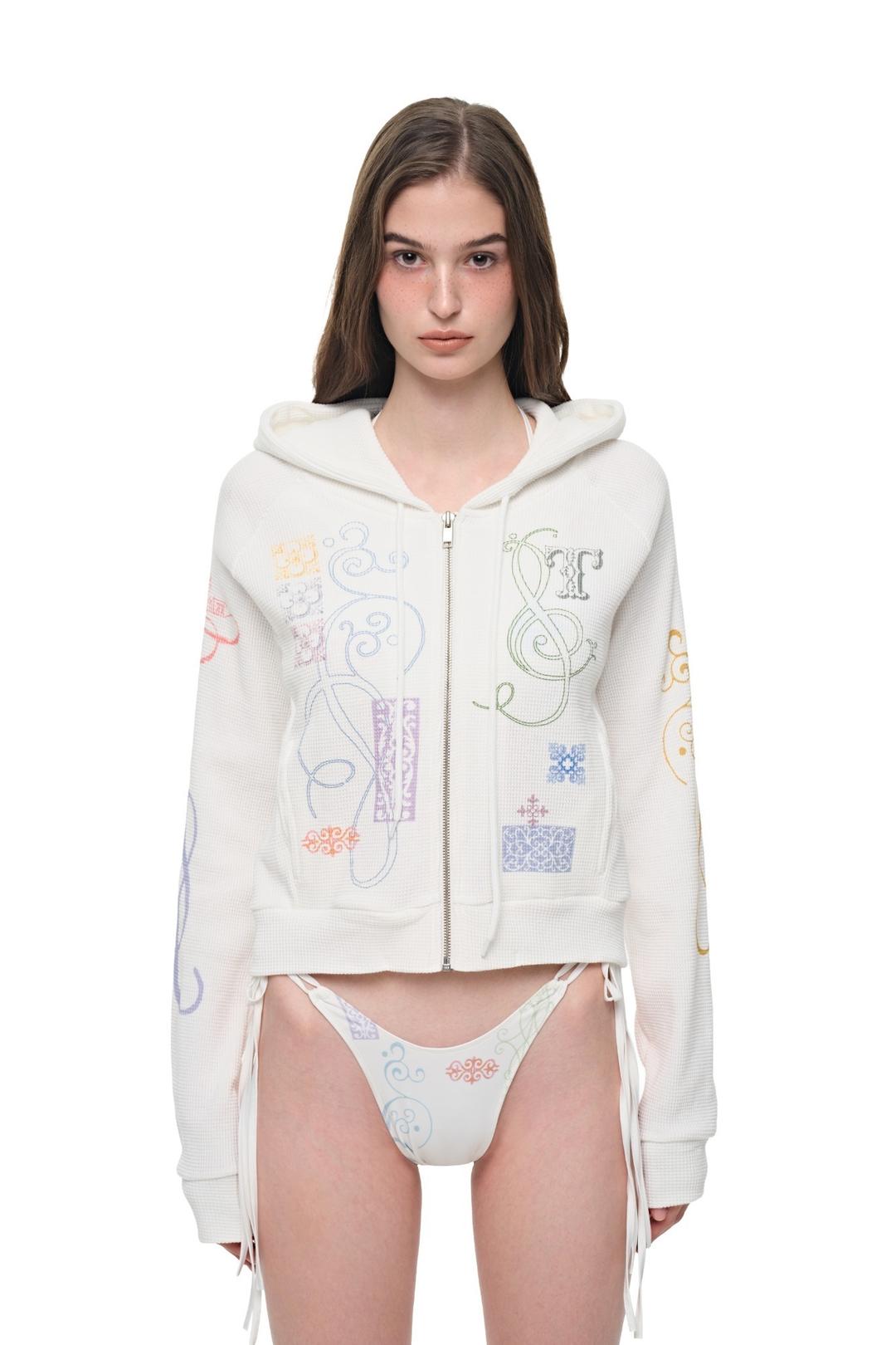 FOLK PATTERN CROP WAFFLE ZIP-UP HOODIE (WHITE)