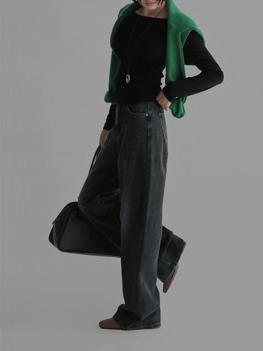 스판워싱세미와이드데님팬츠