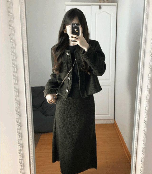 오늘출발~~빅사이즈 하객룩 ~5XL 여성 패션 정장세트 투피스세트 간절기 투피스 모직 트위드자켓 코트 + 롱 감성 스커트 세트  포근한 투피스 해외