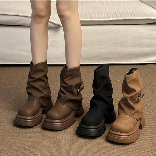 [당일출고] 쏭스마켓 라운드 통굽 셔링 버클 미들부츠 0285