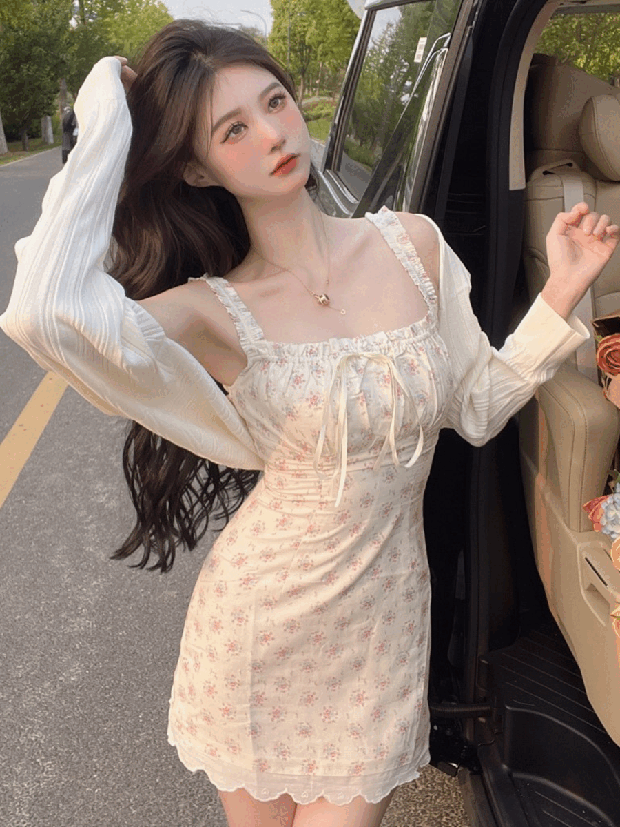 [세트/단품] 세뮤 플라워 프릴 리본 민소매 H라인 뷔스티에 슬림핏 여리 미니 원피스 얇은 긴팔 볼레로 봄 여름 데이트룩 벚꽃룩 꽃놀이 투피스