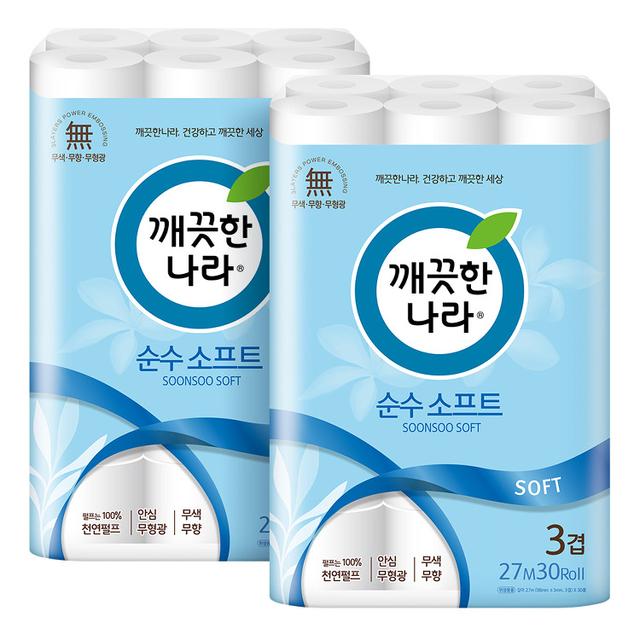 [깨끗한나라] 순수 소프트 롤화장지 27m X 30롤 X 2팩. 먼지 적은 깨끗한 화장지.