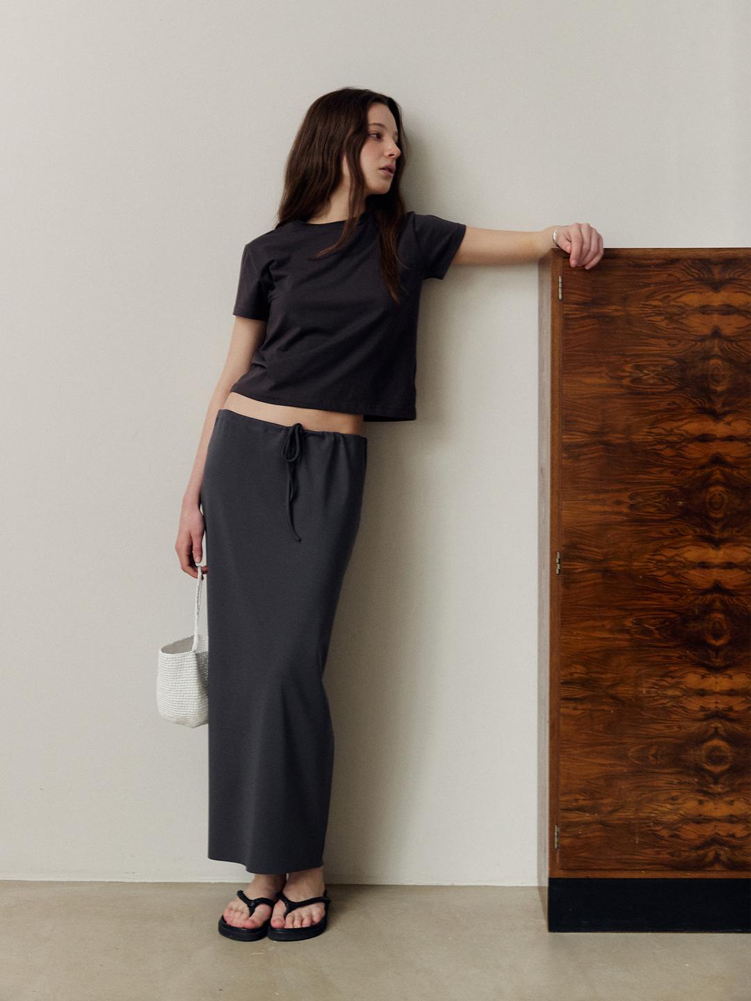 (3th Reoder) Strap Long Skirt - Charcoal