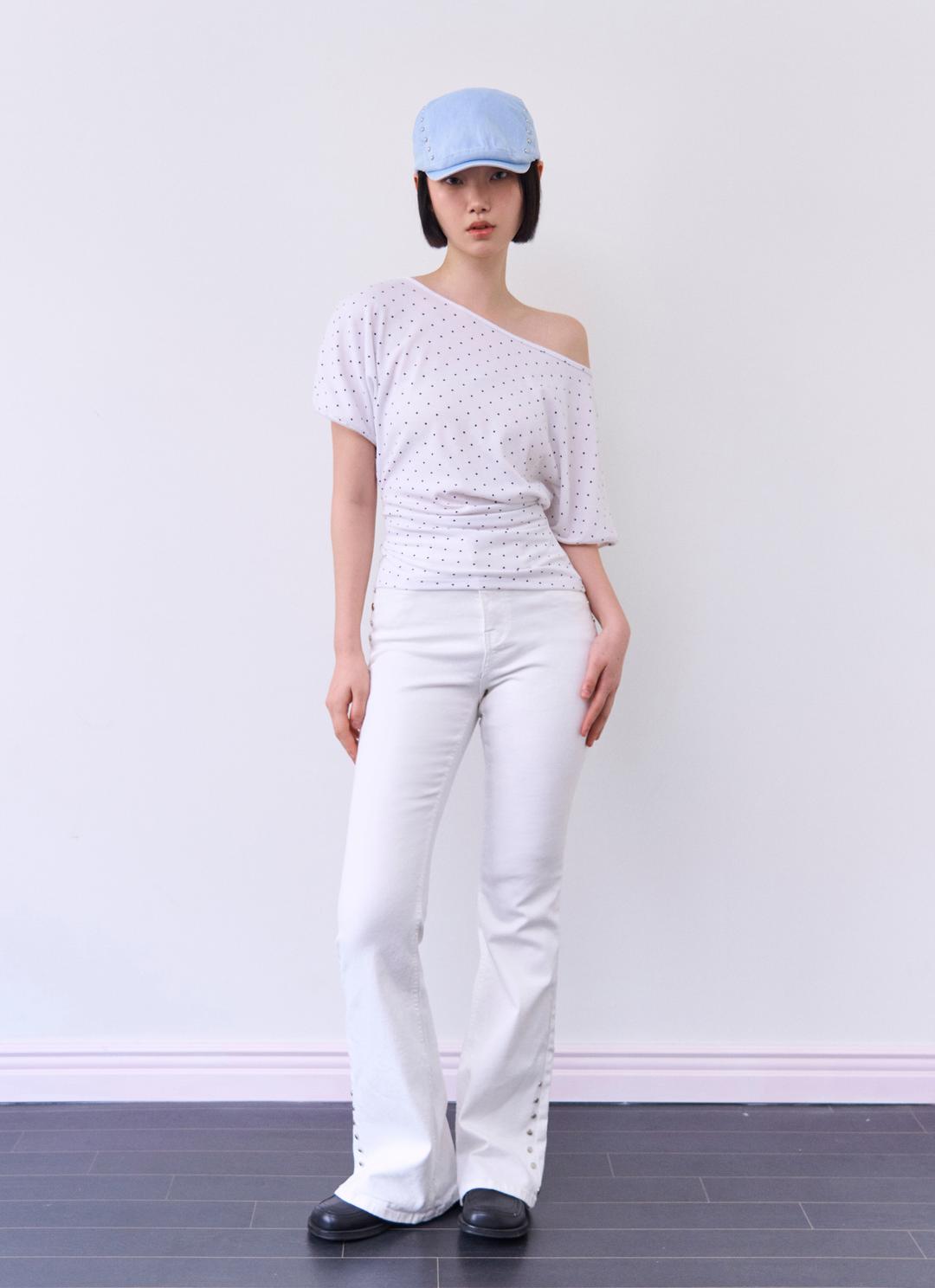 DOT PRINT SHIRRING TOP_WHITHE