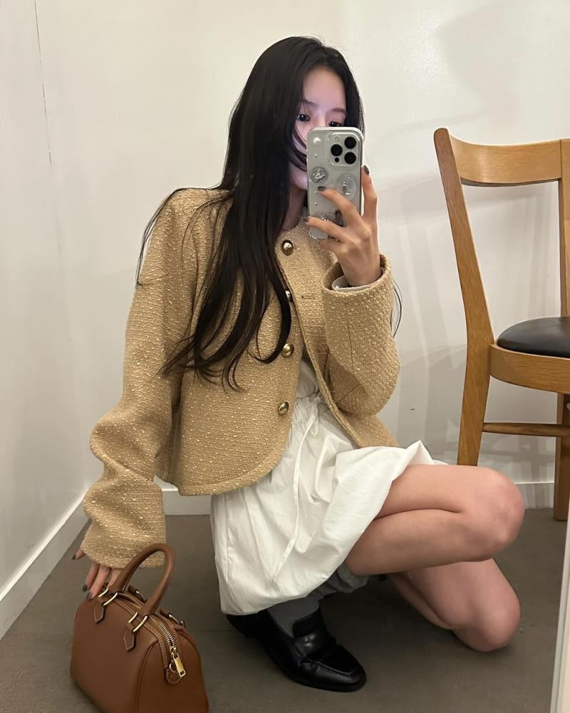 마이지 여성 노카라 라운드 크롭 트위드 오버핏 루즈핏 자켓