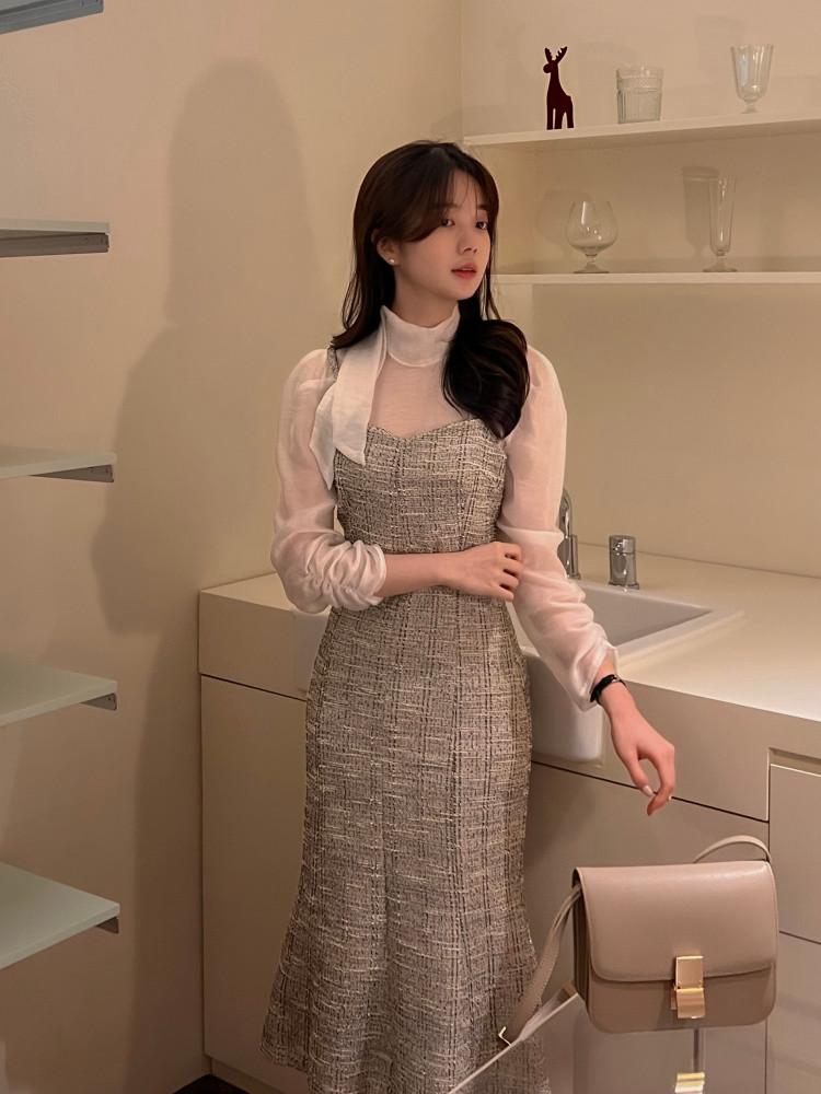 프레이 트위드 뷔스티에 머메이드 롱원피스 연말 파티룩 – 2color