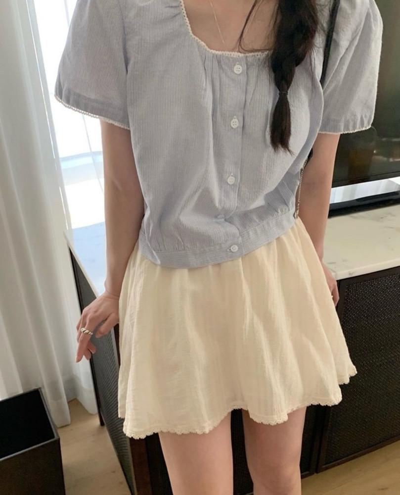 전컬러 / 멜라운지 프링 블라우스 코튼 반팔 스퀘어넥 올마이탄 (2col)