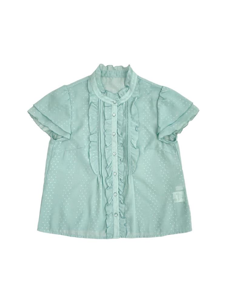 [중고] Japanese vintage 그린 민트 도트 프릴 블라우스