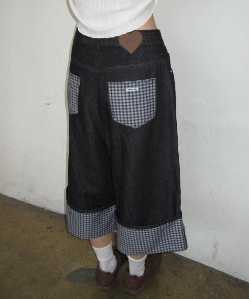 CHECK COMBI BERMUDA DENIM PANTS INDIGO BLUE