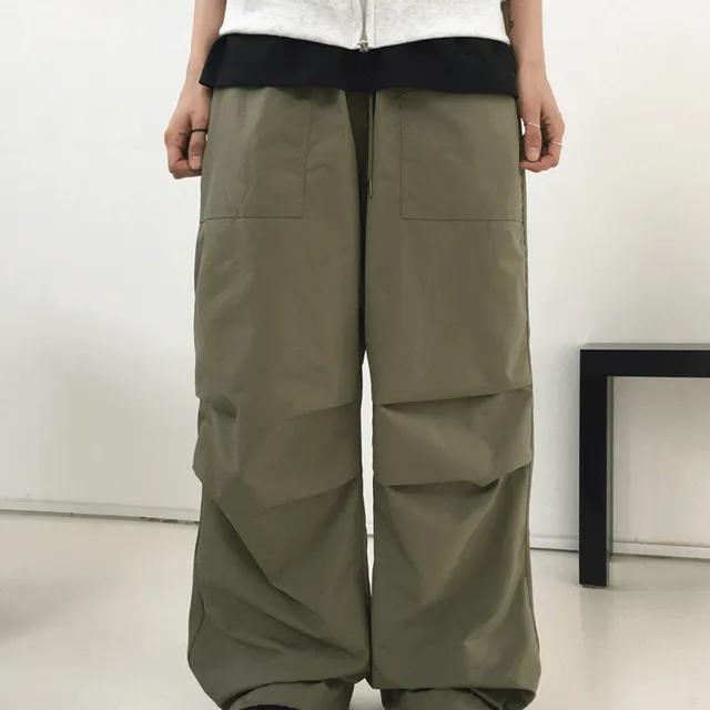 [2size/UNISEX] 웰스 핀턱 셔링 나일론 투웨이 롱 와이드 조거 팬츠