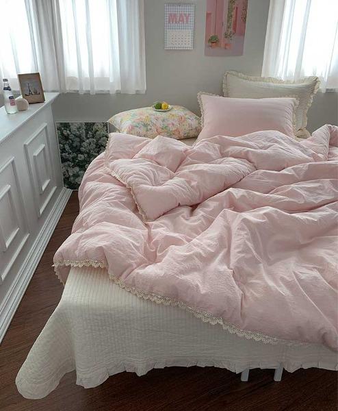 [이브닝 핑크 레이스] 차렵이불 세트 (워싱 멜란선염 면 / S,Q,K)