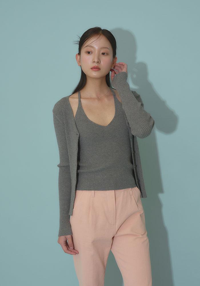 HALTER NECK RIBBED CARDIGAN & SLEEVELESS SET-GRAY