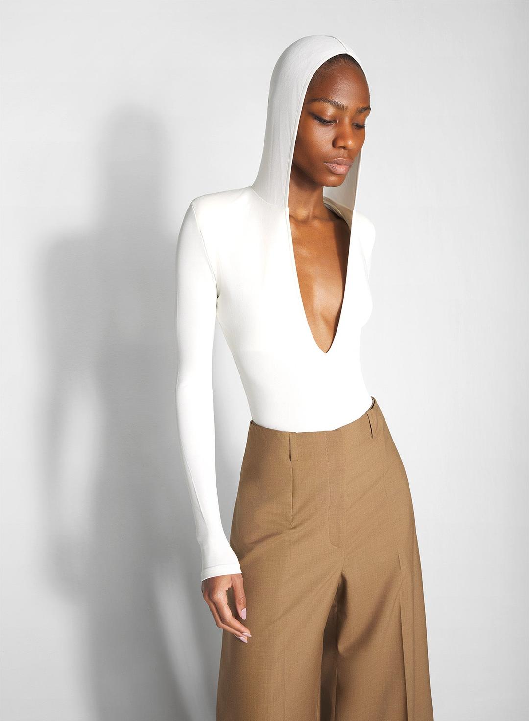white hooded v-neck bodysuit - White / 36