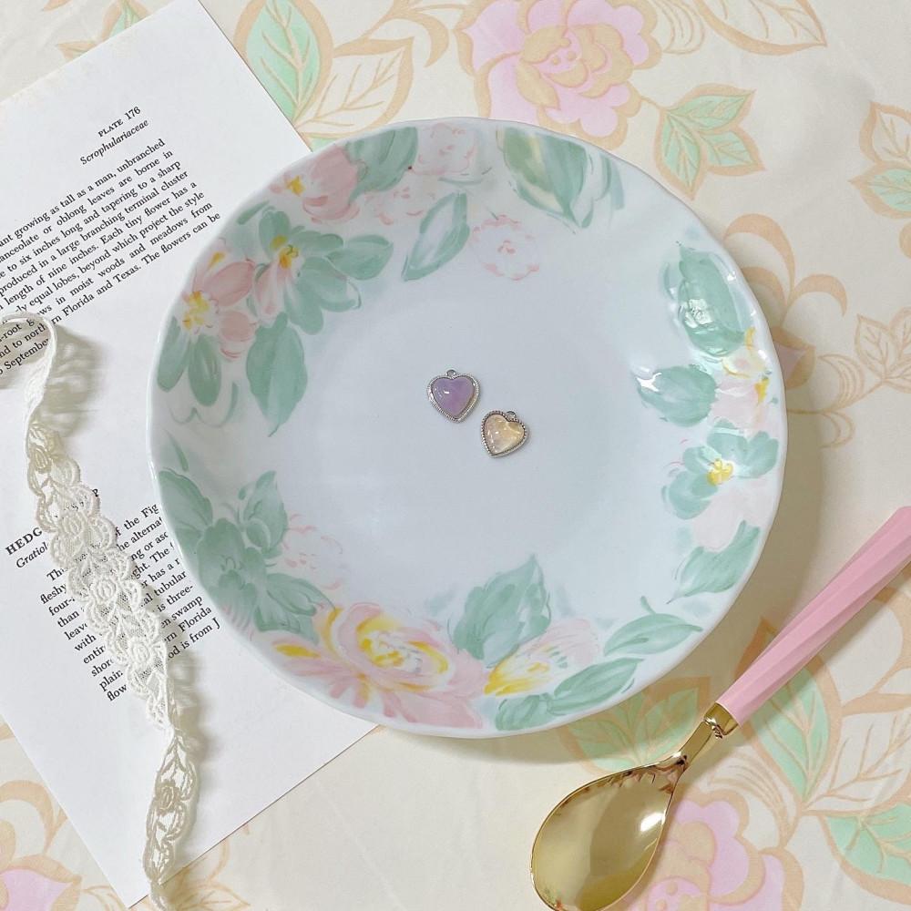 [중고] 핑크플라워 수채화무드 보울 + 핑크골드 스푼세트  / 빈티지그릇, 카레보울, 파스타보울