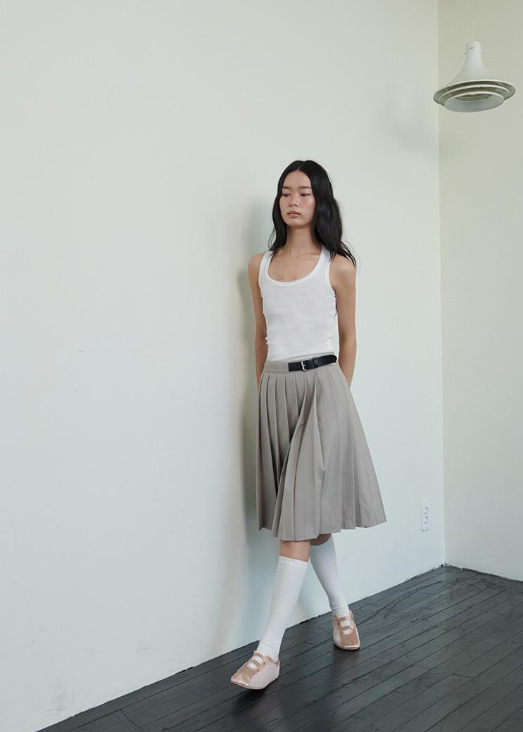 SKIRT01_ Belted pleated skirt_beige
