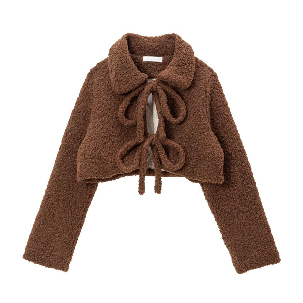 テディダブルリボンボアジャケット - ショート　ブラウン / M-L