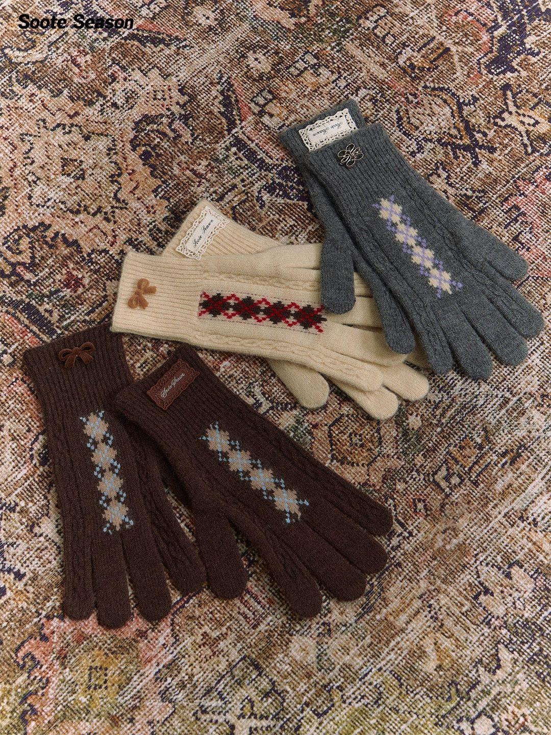 빈티지 니트 격자 장식 보온 레트로 스타일