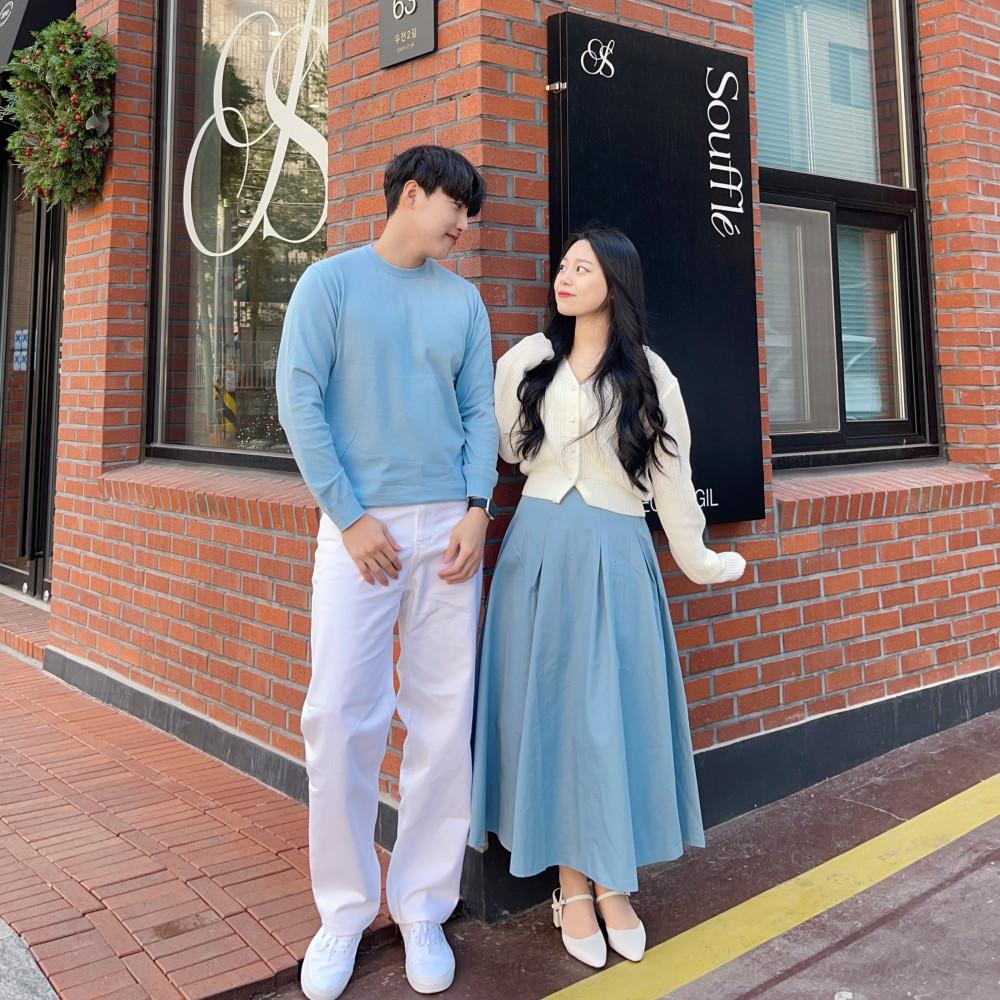 소라 크롭 가디건 플리츠 롱 스커트 커플 시밀러룩