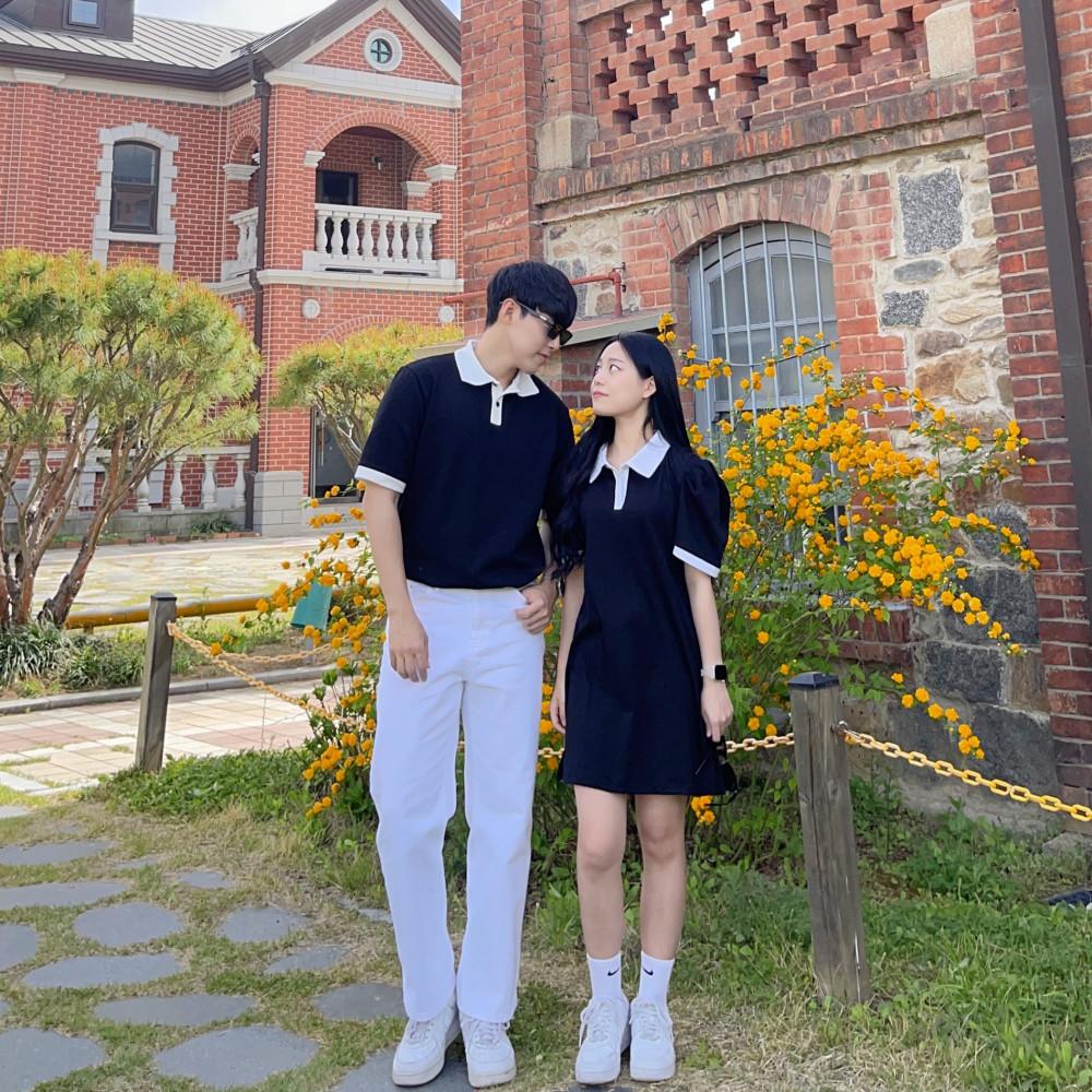블랙 배색 카라 반팔 미니 원피스 데이트 캠퍼스 여름 신혼여행 커플 시밀러룩