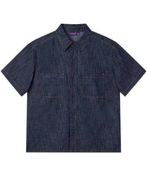 [여름][논페이드] 투 포켓 데님 워크 셔츠 반팔 - 딥블루