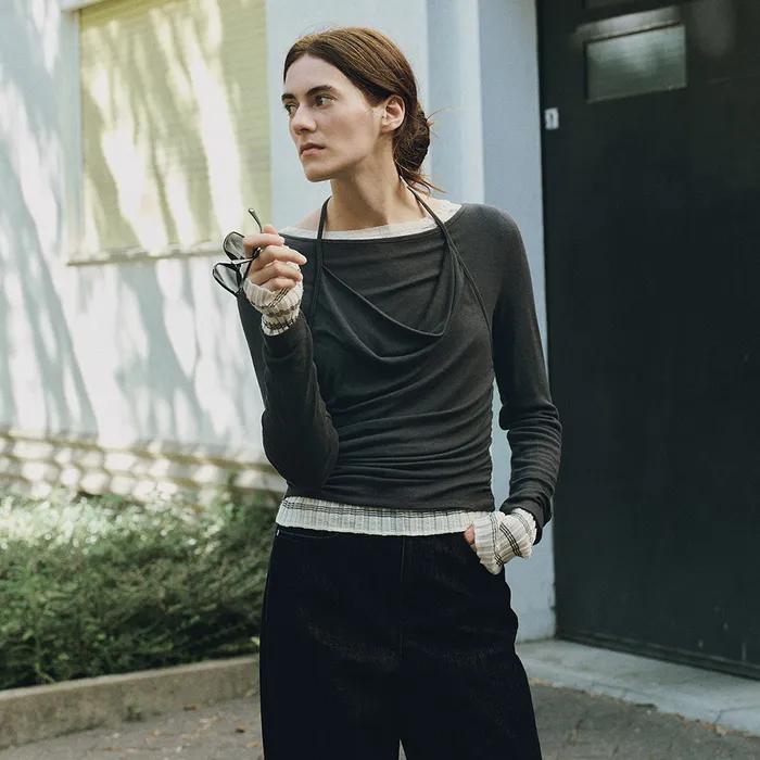 Cowl Halter Layered Jersey Top SW5AE343_3color