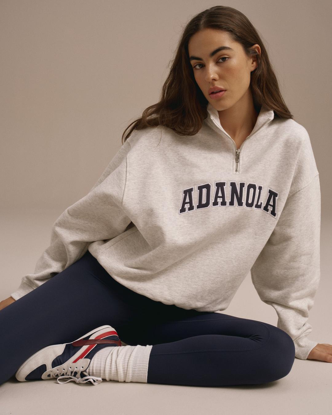 Varsity Relaxed Funnel Neck Zip Sweatshirt - Light Grey Melange/Navy Blue - XXS