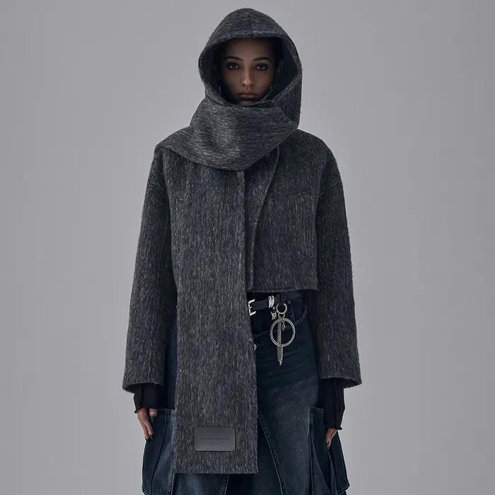 Hairy Hoddie Muffler Set-up Crop Coat [ Charcoal ]