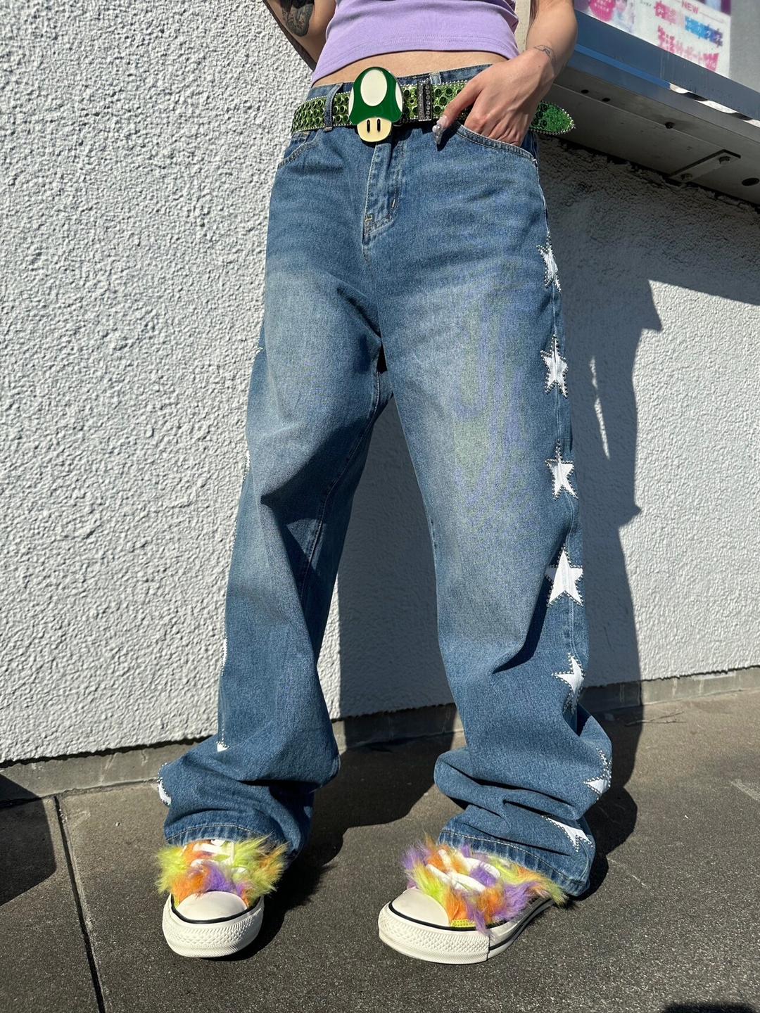 Vintage Star Print Loose Denim Pants