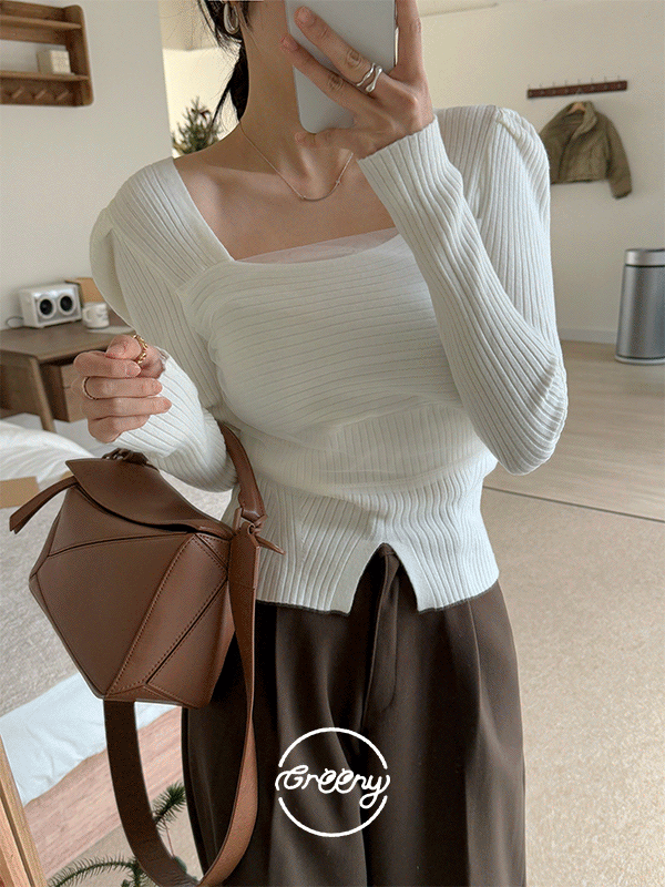 그리니스튜디오 23일이후순차배송) 라우라 셔링 레이어드 스퀘어넥 퍼프 니트 블라우스  (3 colors)